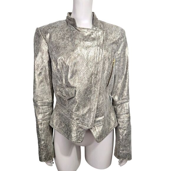 VTG 90s Cache Snake Metallic Leather Jacket Size 12 Fitted y2k Moto Biker Silver - Picture 1 of 13
